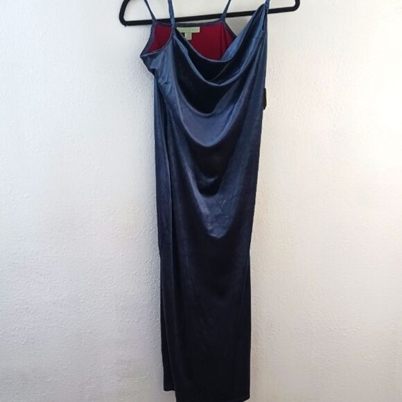Ryegrass Velvet Dress metallic blue bodycon cowl neck cross back size M - Picture 1 of 6